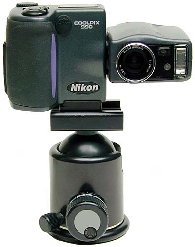 CoolPix 990 on an Arca Swiss tripod head connected by Kirk Photo's quick release plate